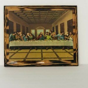 VTG Last Supper Da Vinci Decoupage Religious Wall Hanging Burnt Wood 11" x 9.5"